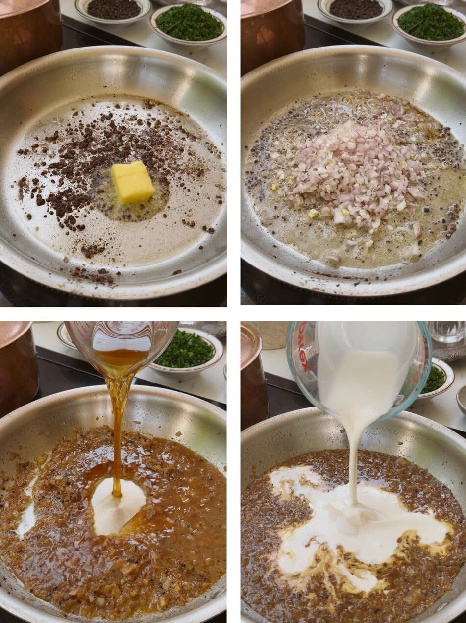 butter being melted in a pan, shallot in the melted butter, beef stock being added into the sauce pan, heavy cream being added into the sauce pan