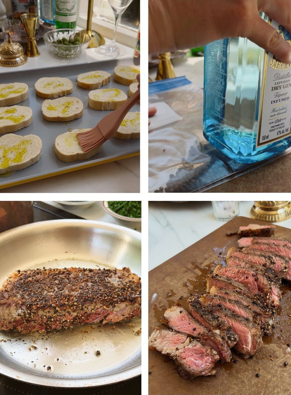 crostinis being brushed with olive oil, whole peppercorns being crushed with a gin bottle, a steak cooking in a stainless steal pan, sliced steak on a cutting board