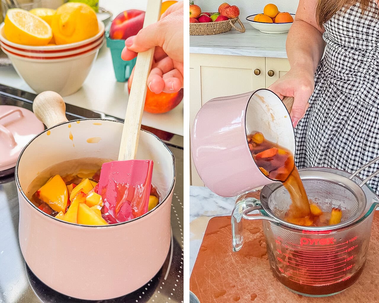 a pink sauce pot filled with peach honey syrup. straining the peach honey syrup into a fine mesh sieve