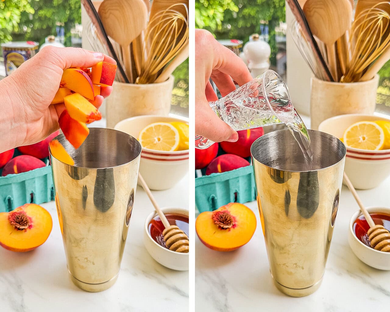peaches being added to a cocktail shaker vodka being added to a cocktail shaker