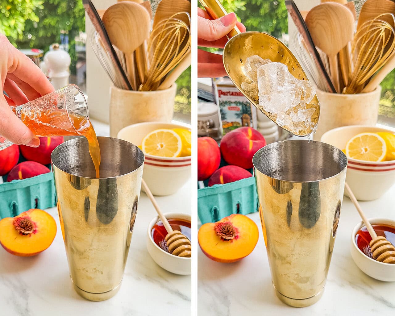 peach honey syrup being added to the cocktail shaker and ice being added to the cocktail shaker
